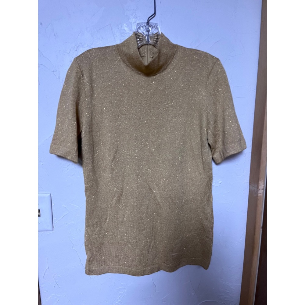 St John Basics Gold Metallic Knit Mock Neck Short Sleeve Top Zipper Back Size 8